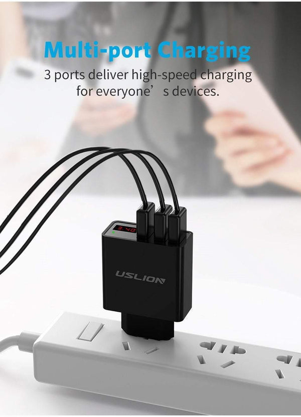 Planet Gates Black Display 3 USB Charger, USLION Fast Charging Wall Charger for iPhone Samsung Xiaomi 3.4A Max Universal Mobile Phone USB Charger