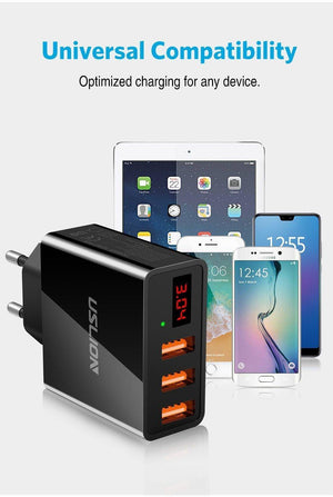 Planet Gates Black Display 3 USB Charger, USLION Fast Charging Wall Charger for iPhone Samsung Xiaomi 3.4A Max Universal Mobile Phone USB Charger