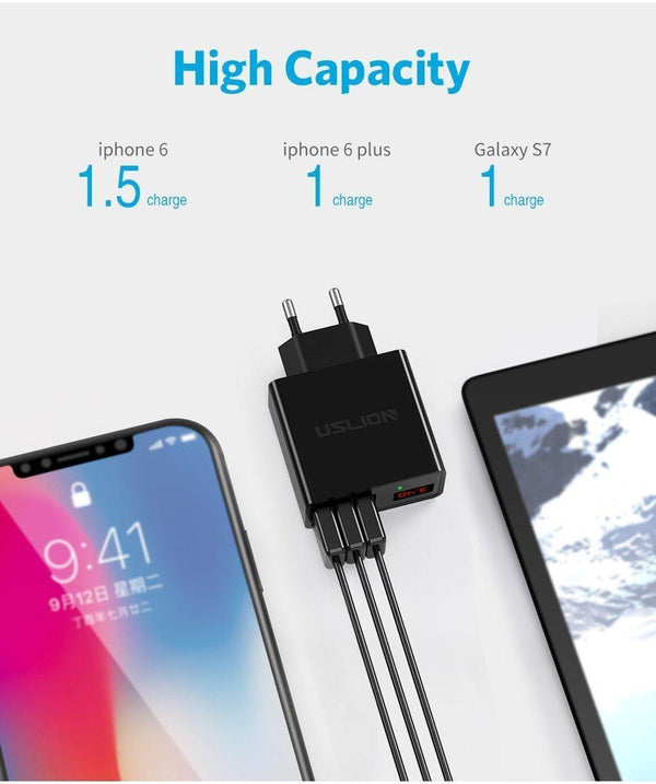 Planet Gates Black Display 3 USB Charger, USLION Fast Charging Wall Charger for iPhone Samsung Xiaomi 3.4A Max Universal Mobile Phone USB Charger