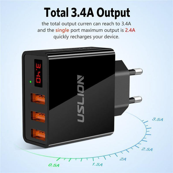 Planet Gates Black Display 3 USB Charger, USLION Fast Charging Wall Charger for iPhone Samsung Xiaomi 3.4A Max Universal Mobile Phone USB Charger