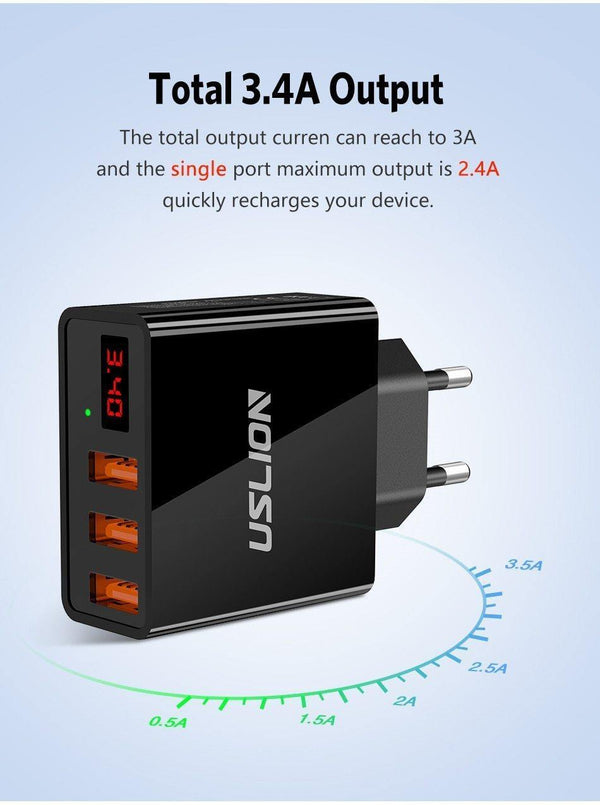 Planet Gates Black Display 3 USB Charger, USLION Fast Charging Wall Charger for iPhone Samsung Xiaomi 3.4A Max Universal Mobile Phone USB Charger