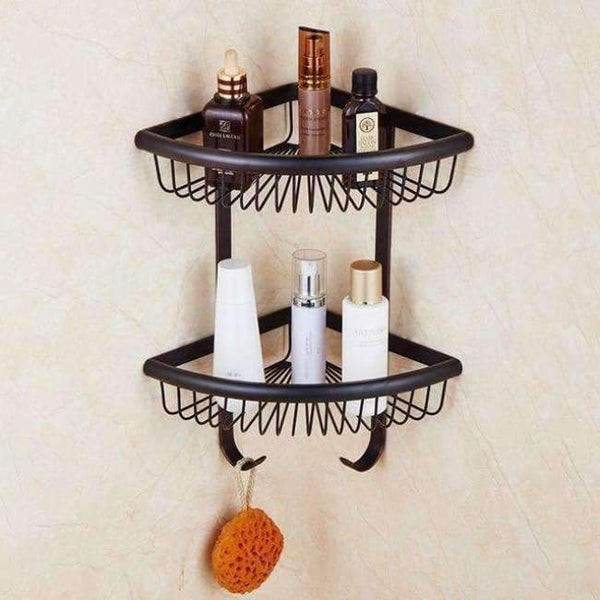 Planet Gates Black Double Bathroom Shelves Pure Copper Corner Triangle Basket Single Double Layer With Hooks Cosmetic Rack Shower Shampoo Accessorie