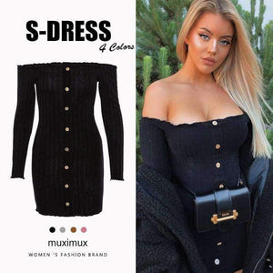 Planet Gates Black Dress / L Muximux 2018 Winter Women Knitted Dresses Autumn Sexy Bodycon Off Shoulder Long Sleeve Mini Dress For Women Female Vestido