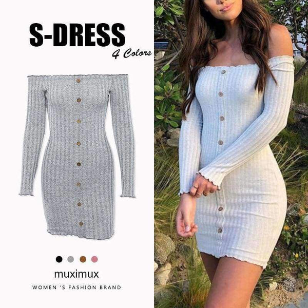 Planet Gates Black Dress / L Muximux 2018 Winter Women Knitted Dresses Autumn Sexy Bodycon Off Shoulder Long Sleeve Mini Dress For Women Female Vestido