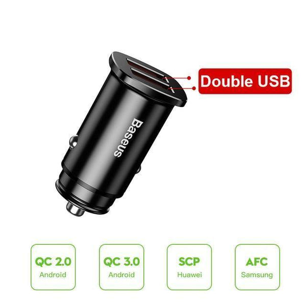 Planet Gates Black Dual USB Baseus 30W Dual USB C PD Quick Charge QC 4.0 Car Charger For Mobile Phone Charger Fast USB PD Type C AFC SCP Car Phone Charger