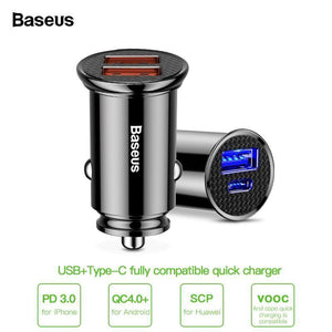 Planet Gates Black Dual USB Baseus 30W Quick Charge 4.0 3.0 Car Charger For Samsung Huawei Supercharge SCP USB Type C PD 3.0 Fast Charging Car Phone Charger