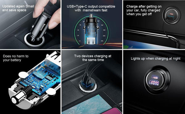 Planet Gates Black Dual USB Baseus 30W Quick Charge 4.0 3.0 Car Charger For Samsung Huawei Supercharge SCP USB Type C PD 3.0 Fast Charging Car Phone Charger
