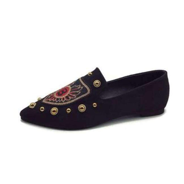 Planet Gates black embroider W / 6 Women Flats Cool Golden Rivet Flat Shoes Women Loafers Ballet Flats Suede Metal Chain Bees Black Shoes Casual Pointed Toe Slipon