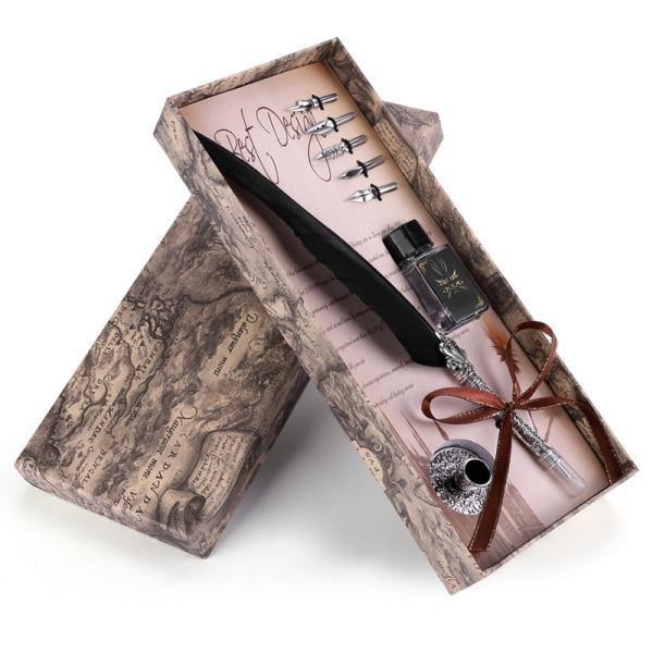 Planet Gates Black English Calligraphy Feather Dip Pen Writing Ink Set Stationery Gift Box with 5 Nib