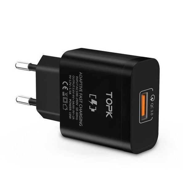 Planet Gates Black EU Charger TOPK 18W Quick Charge 3.0 Fast Mobile Phone Charger EU Plug Wall USB Charger Adapter for Samsung Galaxy S8/S8+ Xiaomi Huawei