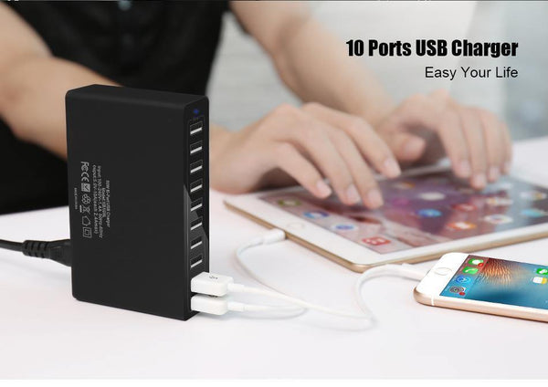Planet Gates Black / EU FLOVEME 10 Ports USB Charger Smart Desktop Chargers for Smartphone and Tablets Mobile Phone Travel Charger Adapter EU/US Plug