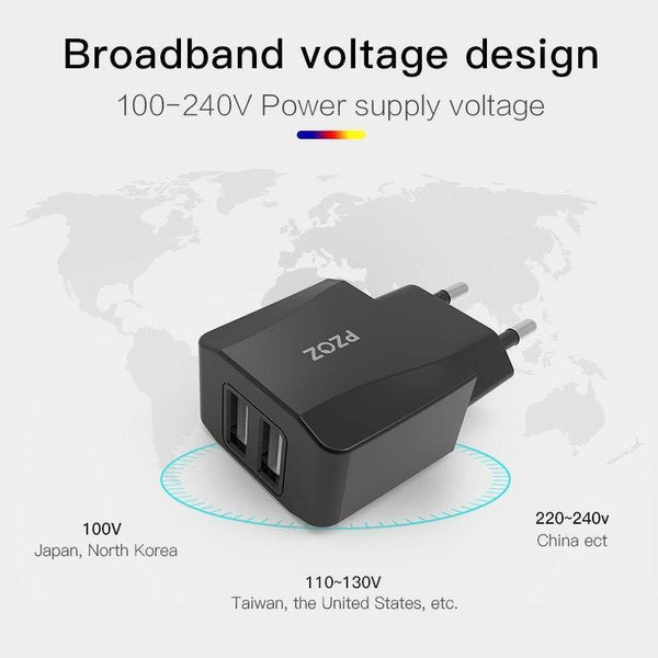 Planet Gates Black EU Plug PZOZ USB Charger 2a Fast Charging Travel EU Plug Adapter portable Wall charger Mobile Phone cable Dual usb US Plug Charger