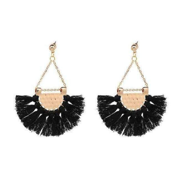 Planet Gates Black Fan shaped Cotton Tassels Bohemia Earrings For Women Ethnic Jewelry Big Dangle Earrings Handmade Fringe Pendientes