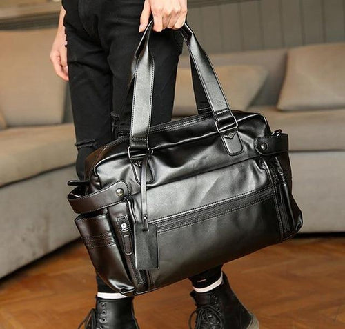 Planet Gates Black Fashion mens leather travel bag vintage duffle handbags large men business luggage bag with shoulder strap sac voyages