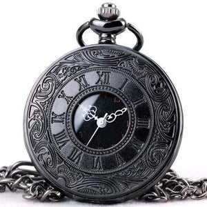 Planet Gates BLACK Fashion Quartz Pocket Watch Open Cover Roman Gothic Style Delicate Pattern Black Case Fob Watches
