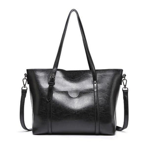 Planet Gates Black Fashion Women Handbags Oil Wax PU Leather Large Capacity Tote Bag Casual Travel Bag