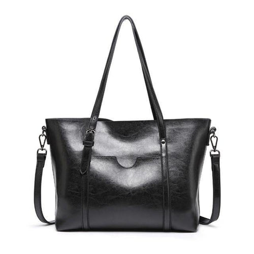 Planet Gates Black Fashion Women Handbags Oil Wax PU Leather Large Capacity Tote Bag Casual Travel Bag