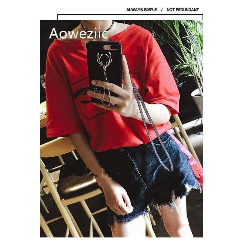 Planet Gates black / for iPhone 6 6s American tide brand personality luxury rhinestone elk For iPhone 6s 8 XR XS MAX 7plus phone case leather lanyard female