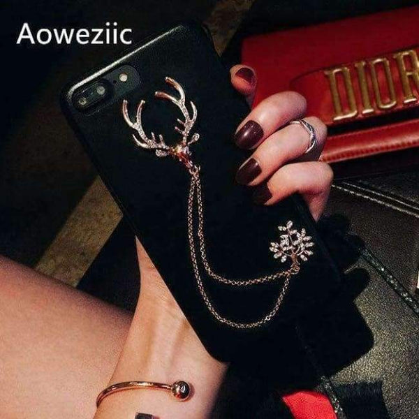 Planet Gates black / for iPhone 6 6s American tide brand personality luxury rhinestone elk For iPhone 6s 8 XR XS MAX 7plus phone case leather lanyard female