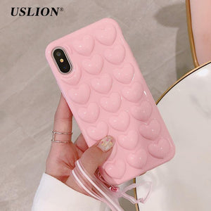USLION 3D Love Heart Phone Case For iPhone X XS Max XR Cartoon Cases For iPhone 7 8 6 6S Plus Soft TPU Back Cover With Lanyard - Planet Gates