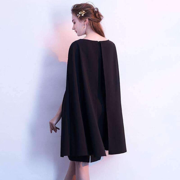 Planet Gates Black Full Cap Sleeve Cloak Zipper Cocktail Dresses A-line Knee Length Formal Dress Party Gown LX404