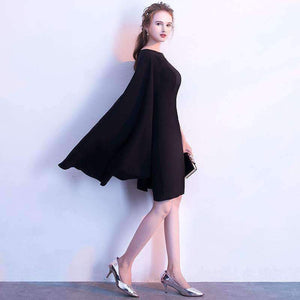 Planet Gates Black Full Cap Sleeve Cloak Zipper Cocktail Dresses A-line Knee Length Formal Dress Party Gown LX404