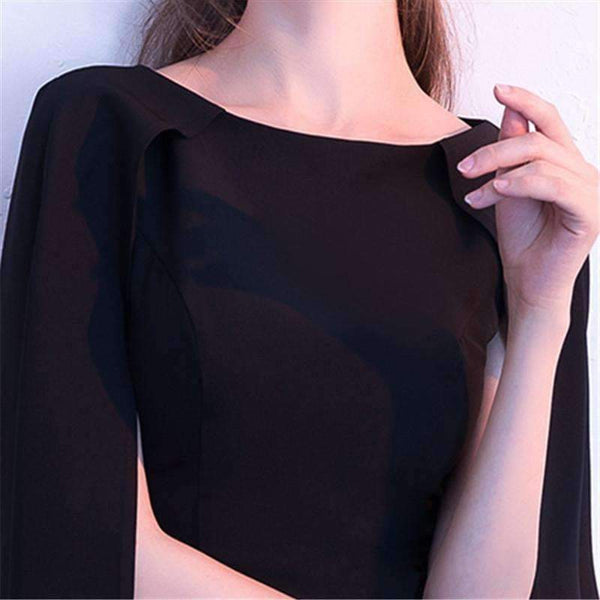Planet Gates Black Full Cap Sleeve Cloak Zipper Cocktail Dresses A-line Knee Length Formal Dress Party Gown LX404