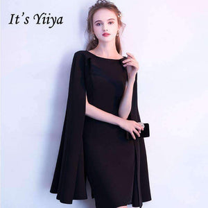 Planet Gates Black Full Cap Sleeve Cloak Zipper Cocktail Dresses A-line Knee Length Formal Dress Party Gown LX404