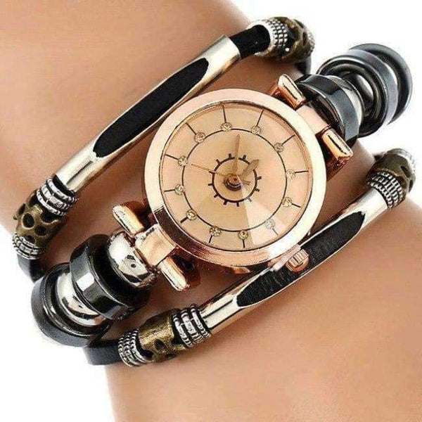 Planet Gates Black Gnova Platinum Top quality genuine Leather Bracelet Watch Women Triple Retro Strap Vintage Gear Dial Fashion Wristwatch A549
