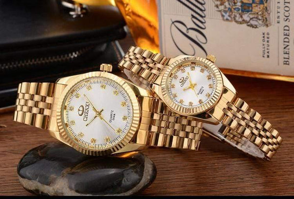 Planet Gates Black Gold Couple Watch Women Men Black Luxury Golden Stainless Steel Business Dress Lover's Wristwatch Waterproof 2 Pieces