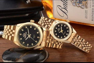 Planet Gates Black Gold Couple Watch Women Men Black Luxury Golden Stainless Steel Business Dress Lover's Wristwatch Waterproof 2 Pieces