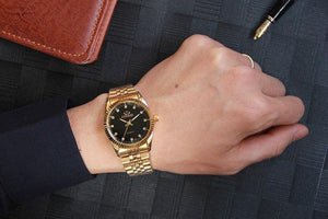 Planet Gates Black Gold Couple Watch Women Men Black Luxury Golden Stainless Steel Business Dress Lover's Wristwatch Waterproof 2 Pieces