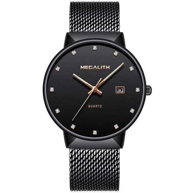 Planet Gates black gold Watch Men Luxury Waterproof Date Calendar Mens Watches Black Stainless Steel Mesh Quartz Watch Gents Relogio Masculino