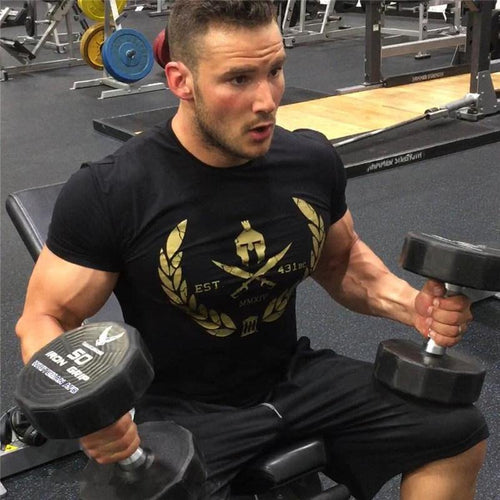 Men Short Sleeve T-shirt Gyms Fitness Bodybuilding Cotton Tops Male Casual Fashion Print Slim Tee Summer Jogger Workout Clothing