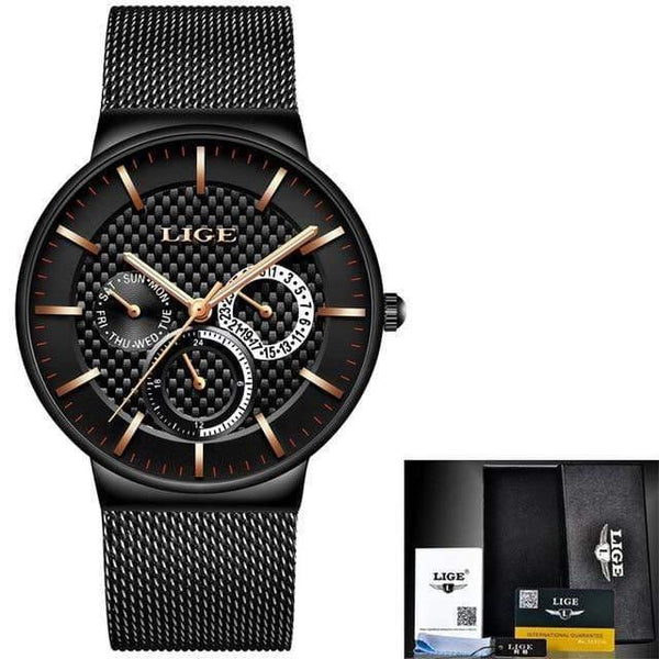Planet Gates black gold Mens Watches Fashion Top Brand Luxury Quartz Watch Men Casual Slim Mesh Steel Date Waterproof Sport Watch Relogio Masculino