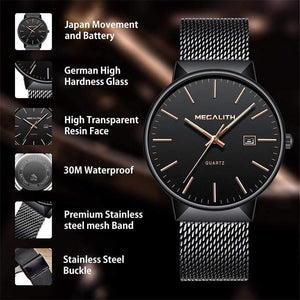 Planet Gates black gold Watch Men Luxury Waterproof Date Calendar Mens Watches Black Stainless Steel Mesh Quartz Watch Gents Relogio Masculino