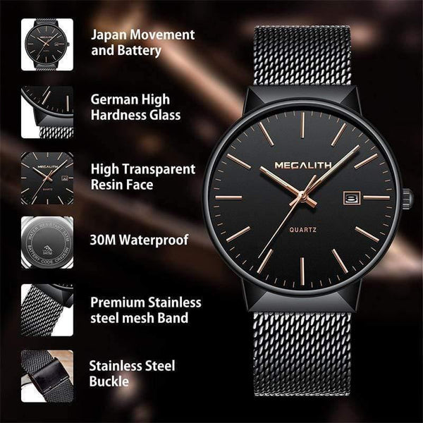 Planet Gates black gold Watch Men Luxury Waterproof Date Calendar Mens Watches Black Stainless Steel Mesh Quartz Watch Gents Relogio Masculino