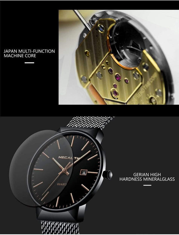 Planet Gates black gold Watch Men Luxury Waterproof Date Calendar Mens Watches Black Stainless Steel Mesh Quartz Watch Gents Relogio Masculino