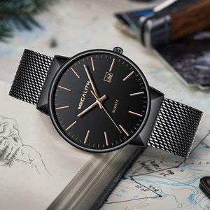 Planet Gates black gold Watch Men Luxury Waterproof Date Calendar Mens Watches Black Stainless Steel Mesh Quartz Watch Gents Relogio Masculino