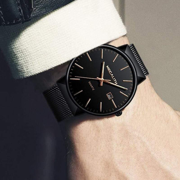 Planet Gates black gold Watch Men Luxury Waterproof Date Calendar Mens Watches Black Stainless Steel Mesh Quartz Watch Gents Relogio Masculino