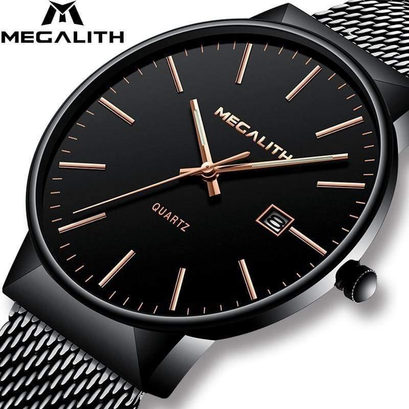Planet Gates black gold Watch Men Luxury Waterproof Date Calendar Mens Watches Black Stainless Steel Mesh Quartz Watch Gents Relogio Masculino