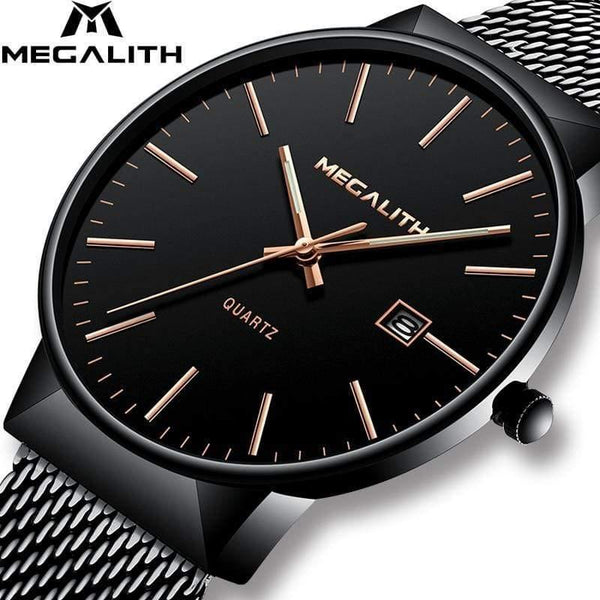 Planet Gates black gold Watch Men Luxury Waterproof Date Calendar Mens Watches Black Stainless Steel Mesh Quartz Watch Gents Relogio Masculino