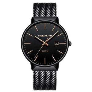 Planet Gates black gold Watch Men Luxury Waterproof Date Calendar Mens Watches Black Stainless Steel Mesh Quartz Watch Gents Relogio Masculino