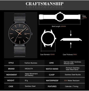Planet Gates black gold Watch Men Luxury Waterproof Date Calendar Mens Watches Black Stainless Steel Mesh Quartz Watch Gents Relogio Masculino