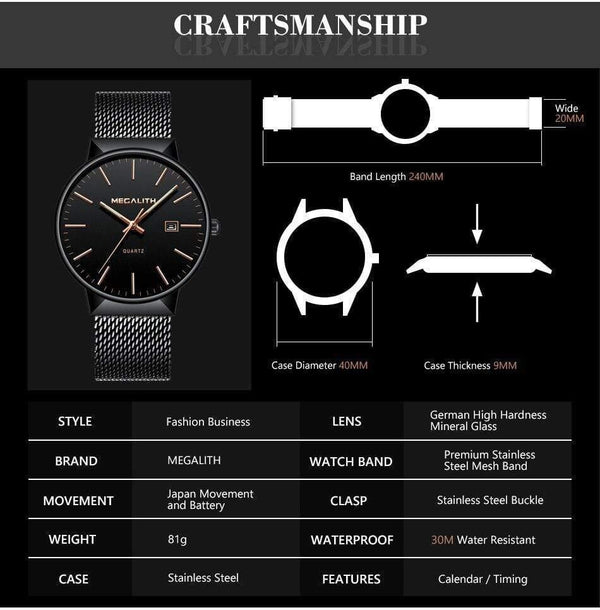 Planet Gates black gold Watch Men Luxury Waterproof Date Calendar Mens Watches Black Stainless Steel Mesh Quartz Watch Gents Relogio Masculino