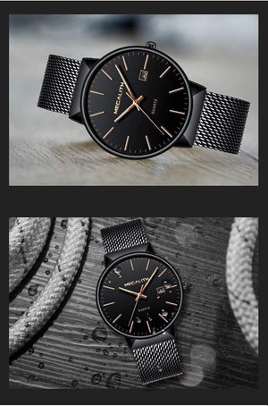 Planet Gates black gold Watch Men Luxury Waterproof Date Calendar Mens Watches Black Stainless Steel Mesh Quartz Watch Gents Relogio Masculino