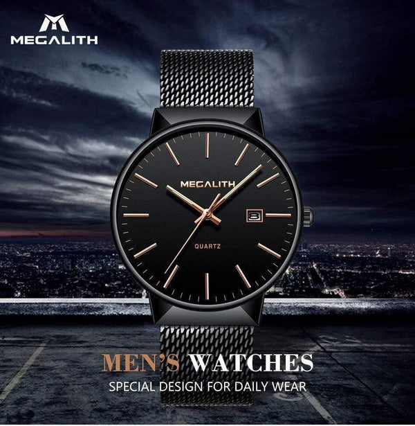 Planet Gates black gold Watch Men Luxury Waterproof Date Calendar Mens Watches Black Stainless Steel Mesh Quartz Watch Gents Relogio Masculino