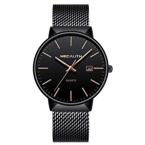 Planet Gates black gold Watch Men Luxury Waterproof Date Calendar Mens Watches Black Stainless Steel Mesh Quartz Watch Gents Relogio Masculino