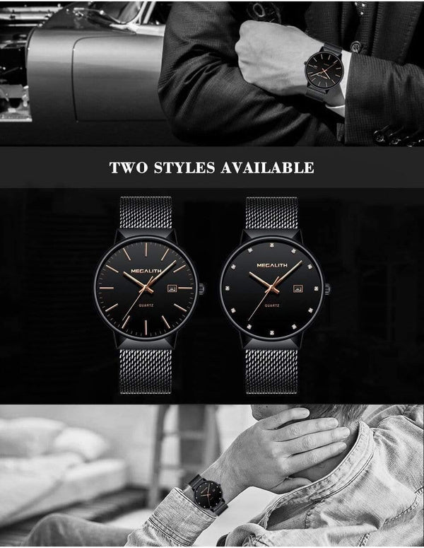 Planet Gates black gold Watch Men Luxury Waterproof Date Calendar Mens Watches Black Stainless Steel Mesh Quartz Watch Gents Relogio Masculino