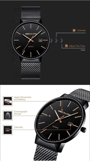 Planet Gates black gold Watch Men Luxury Waterproof Date Calendar Mens Watches Black Stainless Steel Mesh Quartz Watch Gents Relogio Masculino